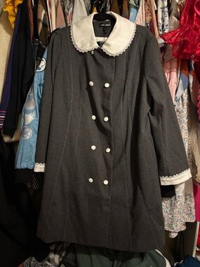 Women's Wednesday Addams Long Sleeve Grey Coat Dress with White Peter Pan Collar